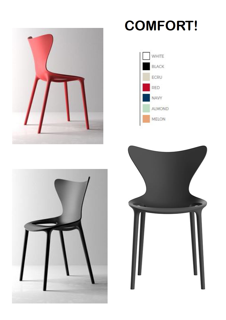 1.4.1<br>Comfortabele stapelbare stoel in polypropyleen, keuze diverse kleuren!